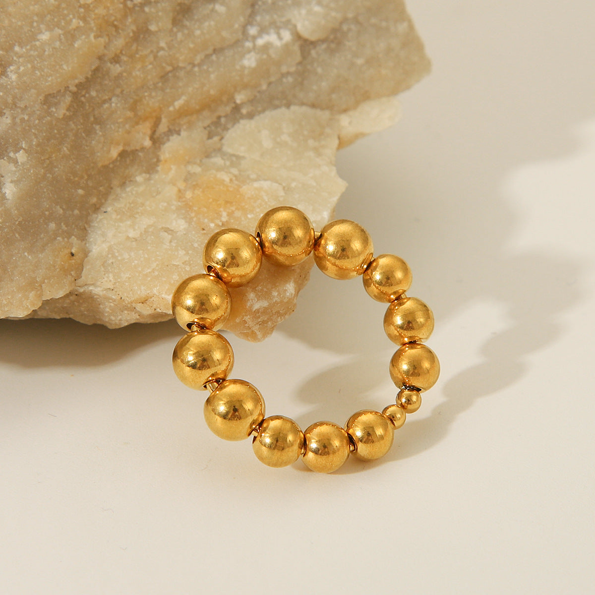 Ins Style Geometric Titanium Steel Open Ring for Women with 18K Gold Plating and Round Bead Detail
