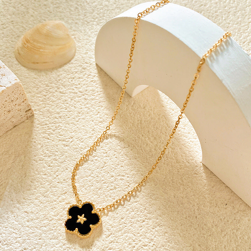 Minimalist Luxury Black Five-Petal Flower Titanium Steel Necklace