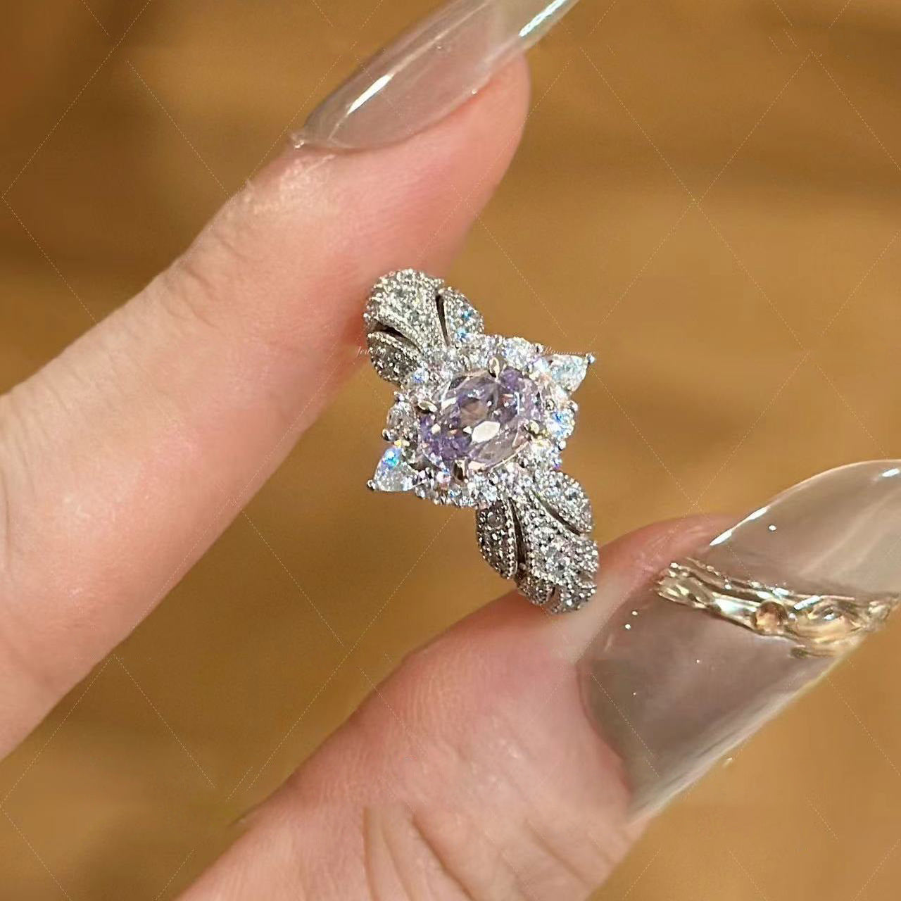 Elegante anillo ovalado abierto de estilo francés para mujer con incrustaciones de circonita cúbica en banda de cobre, anillo de moda geométrico minimalista