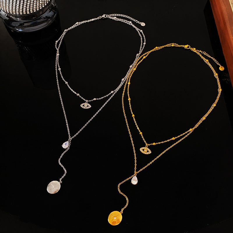 Double Layer Star Round Teardrop Cubic Zirconia Titanium Steel Necklace for Unisex