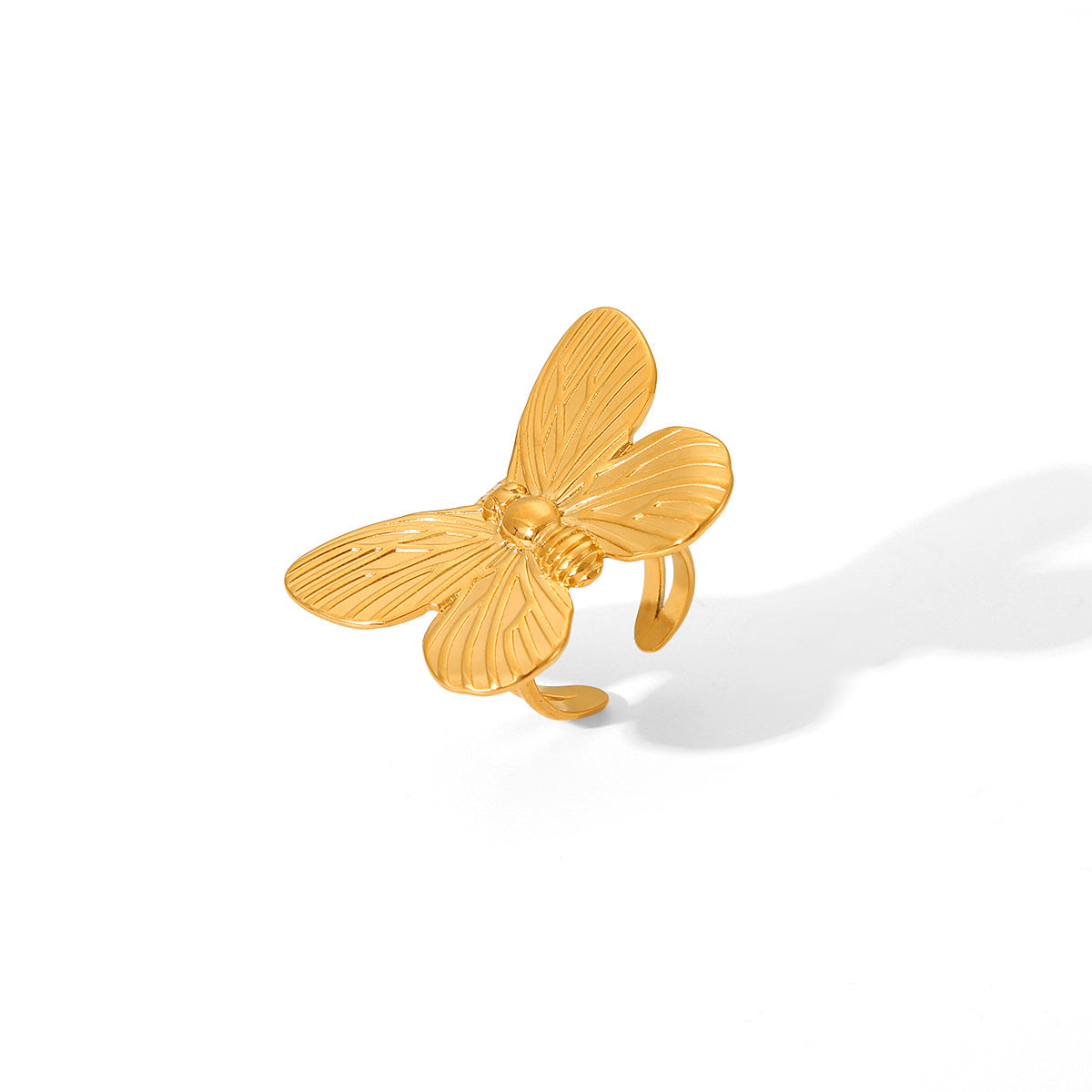 French Palace Style Butterfly Ring for Women in Stainless Steel with Plated Finish, Adjustable Open Band Design