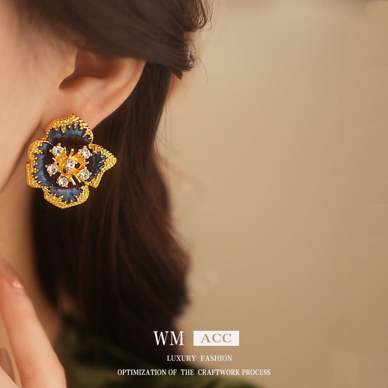 Vintage Floral Geometric Earrings with Enamel Finish and Rhinestone Inlay for Women Alloy Studs with Stainless Steel Posts