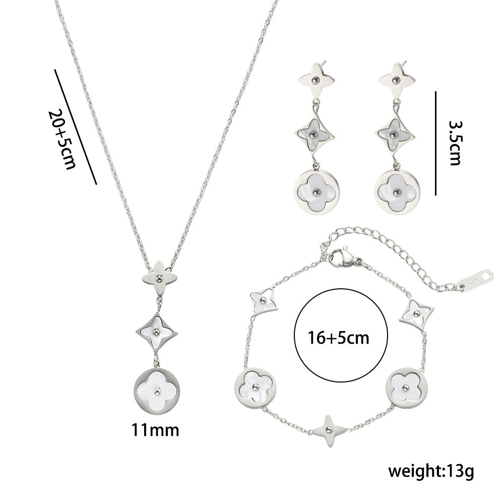 Minimalist Four-Leaf Clover Seashell Titanium Steel Bracelet Set with O-Chain for Women