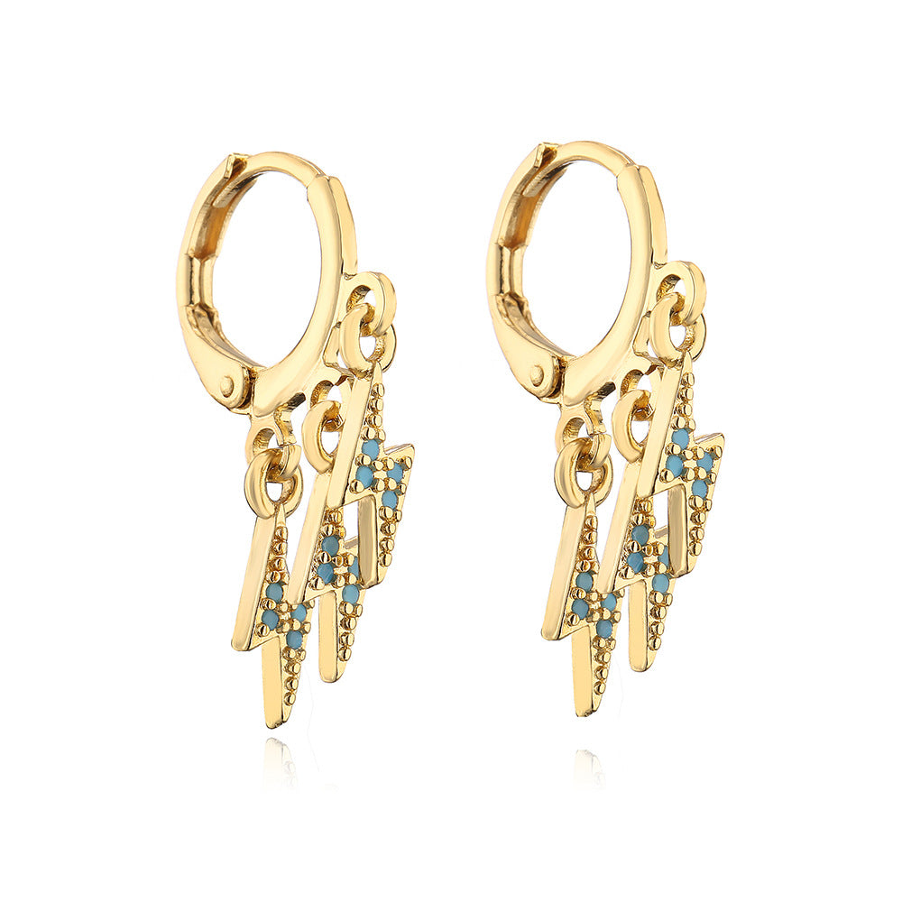 Minimalist Geometric Lightning-Shaped Earrings for Women Made of Brass with 18K Gold Plating and Zircon Inlay