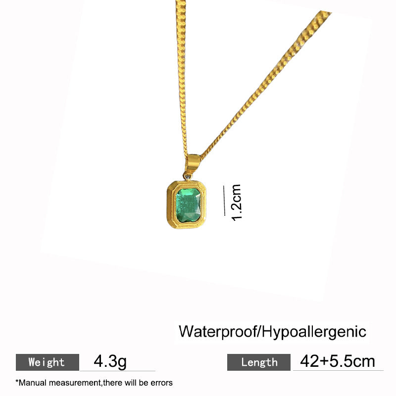 Vintage Green Cubic Zirconia Geometric Square Plated Titanium Steel Necklace for Women and Men