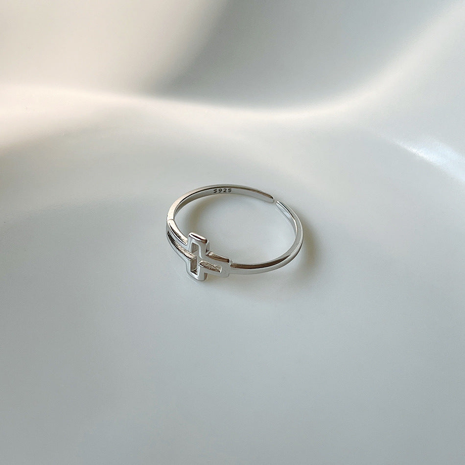 Minimalist 925 Sterling Silver Polished Hollow Cross Open Ring