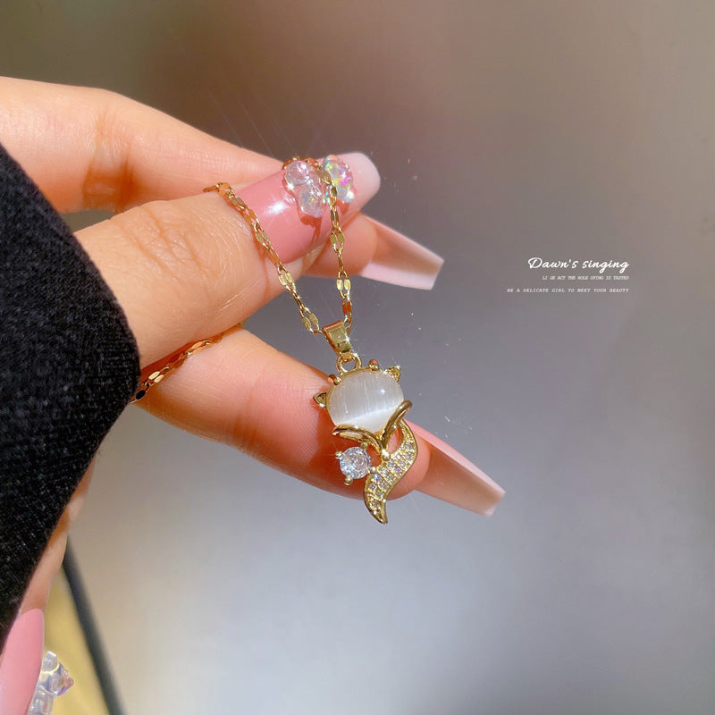 Luxury Geometric Fox Cat's Eye Pendant Necklace for Women Titanium Steel Collar Chain with Rhinestone Inlay
