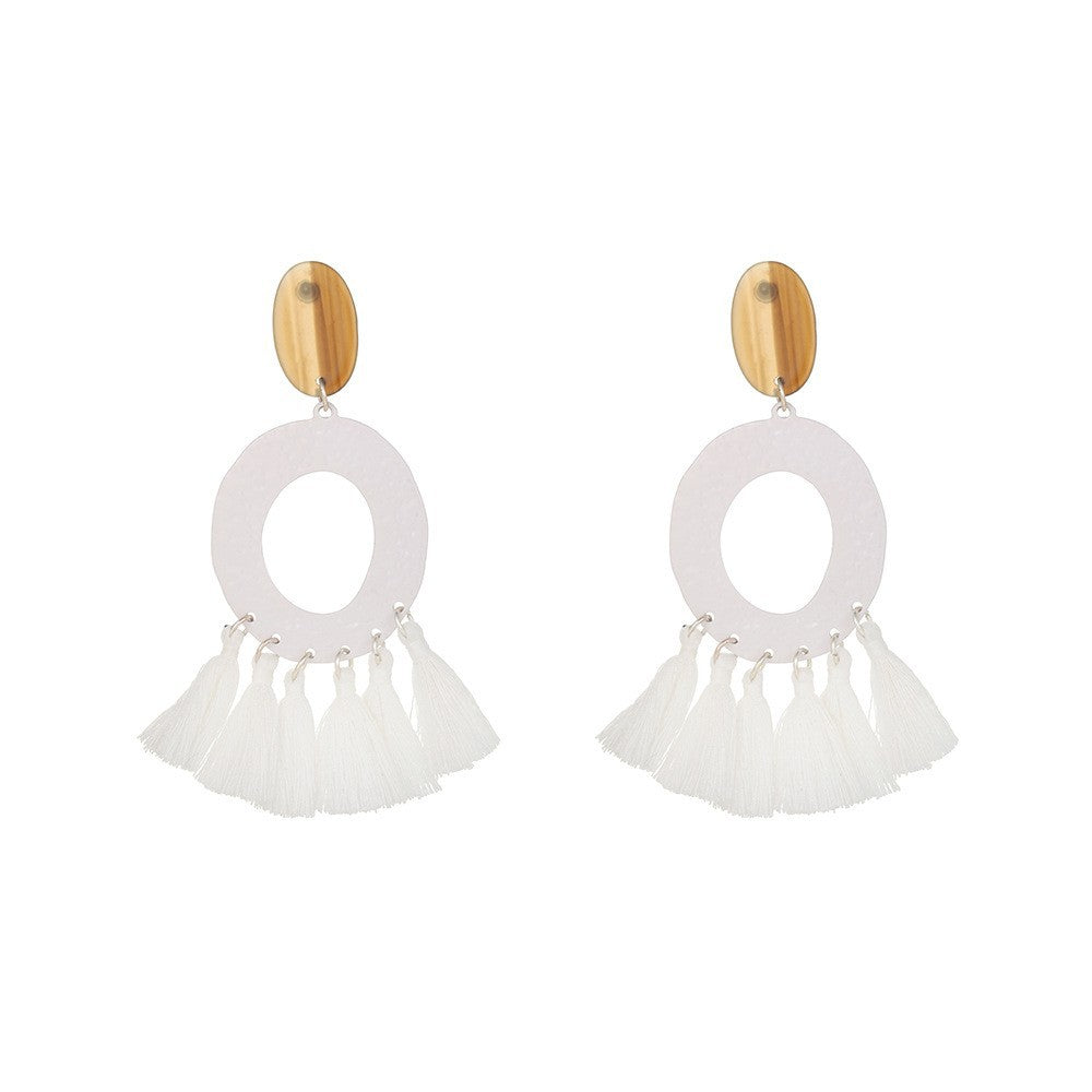 Vintage Bohemian Geometric Wood Tassel Earrings with Stainless Steel Posts