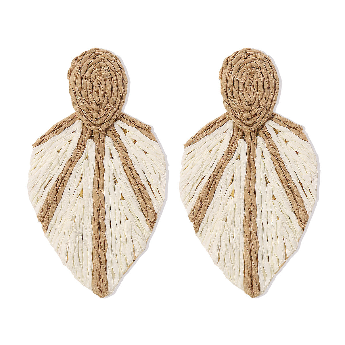 Pendientes Bohemios con Forma de Hoja de Aleación con Tejido de Rafia para Mujer