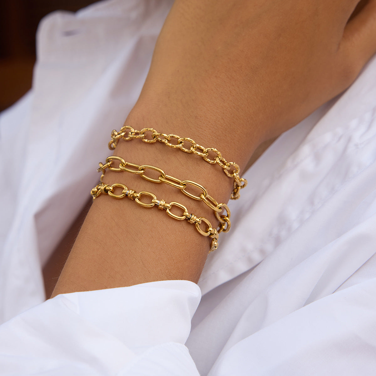 Classic Geometric 18K Gold Plated Stainless Steel Chain Bracelet for Women