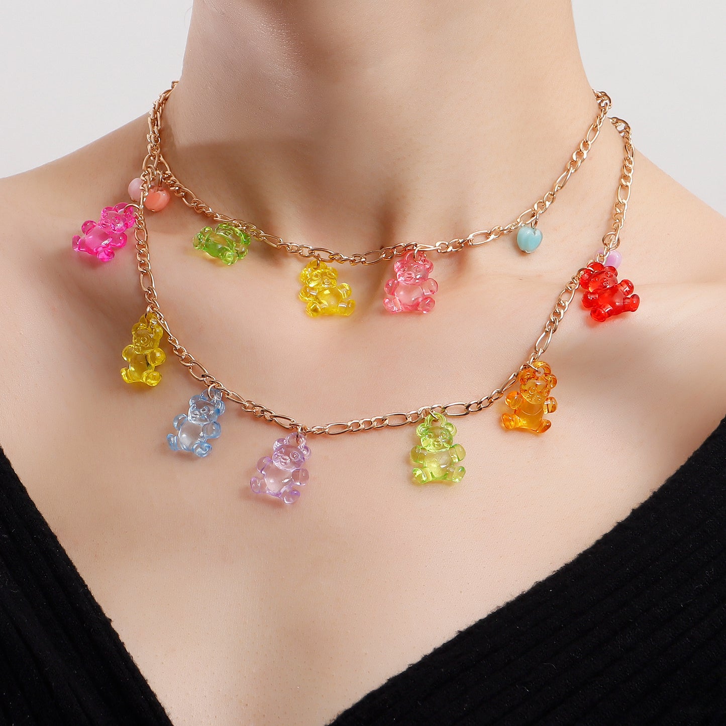 Cute Minimalist Double-Layer Bear and Heart Pendant Necklace for Women with Electroplated Metal Chain and Geometric Design