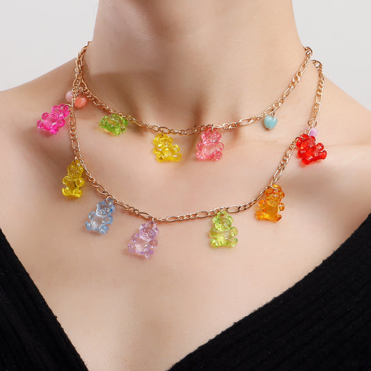 Cute Minimalist Double-Layer Bear and Heart Pendant Necklace for Women with Electroplated Metal Chain and Geometric Design