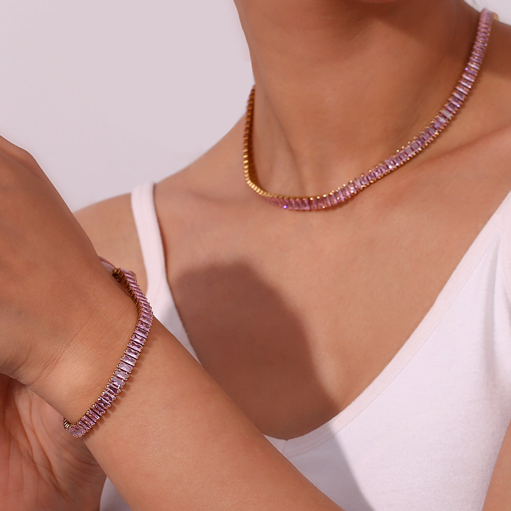 Bracciale e Collana Minimalisti Geometrici in Acciaio Inossidabile Placcato Oro 18K con Zirconi Micro-Incastonati