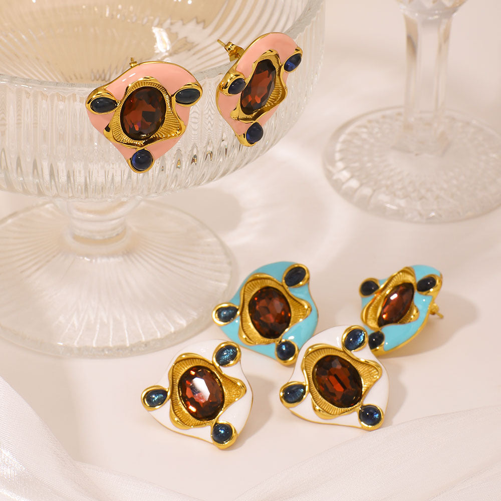 Orecchini da donna in acciaio inossidabile placcato oro 18 carati con zirconi colorati, design geometrico irregolare in stile vintage
