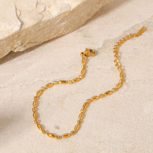INS-Inspired Women's Geometric Stainless Steel Bracelet with 18K Gold Plated Oval Beads and Minimalist Chain Design