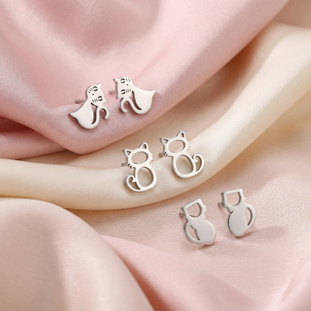 Minimalist Stainless Steel Plated Animal Cat Stud Earrings for Women