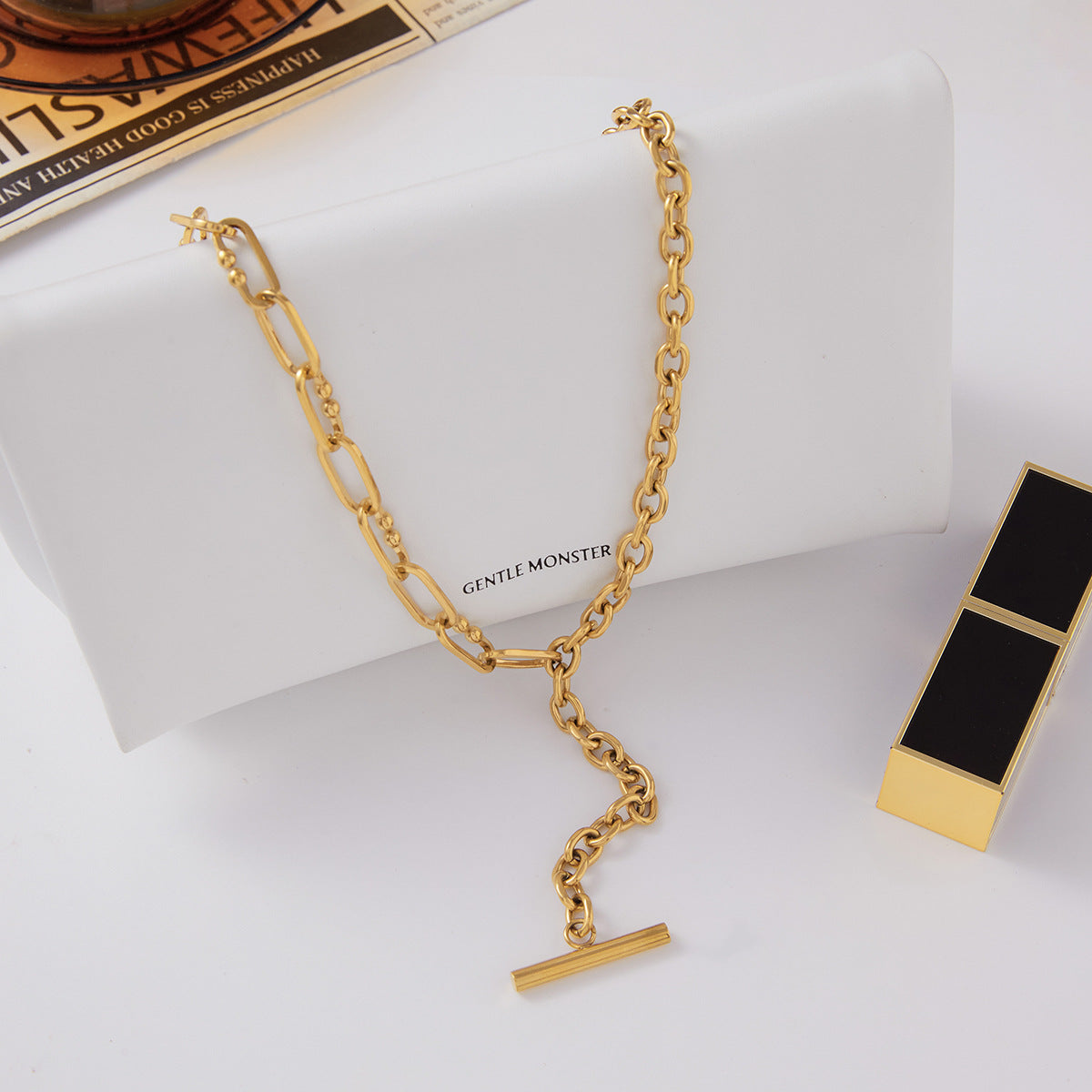 Collana a Y geometrica minimalista di lusso placcata oro 18 carati, catena multistrato in acciaio inossidabile da donna