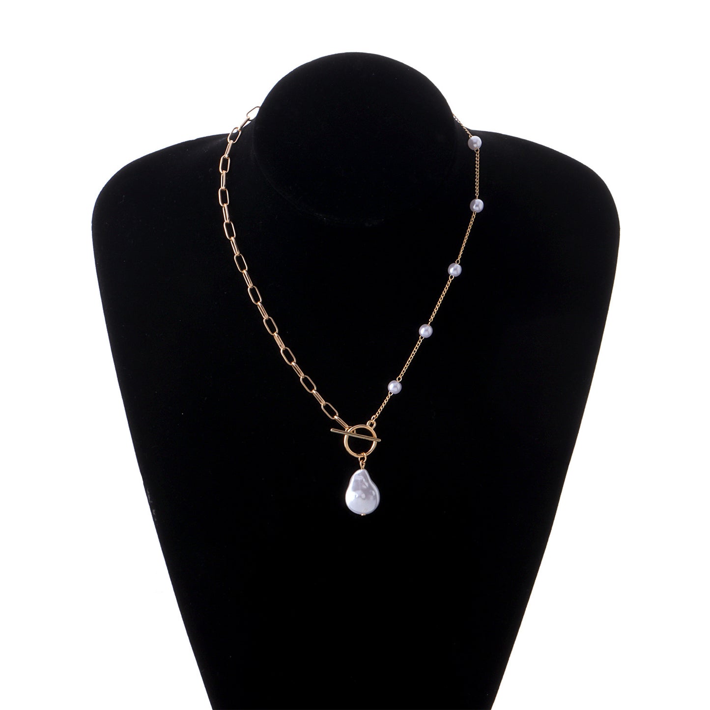 Gourd-Shaped Flat Pearl Pendant Necklace with Asymmetrical Design Alloy Link Chain for Women