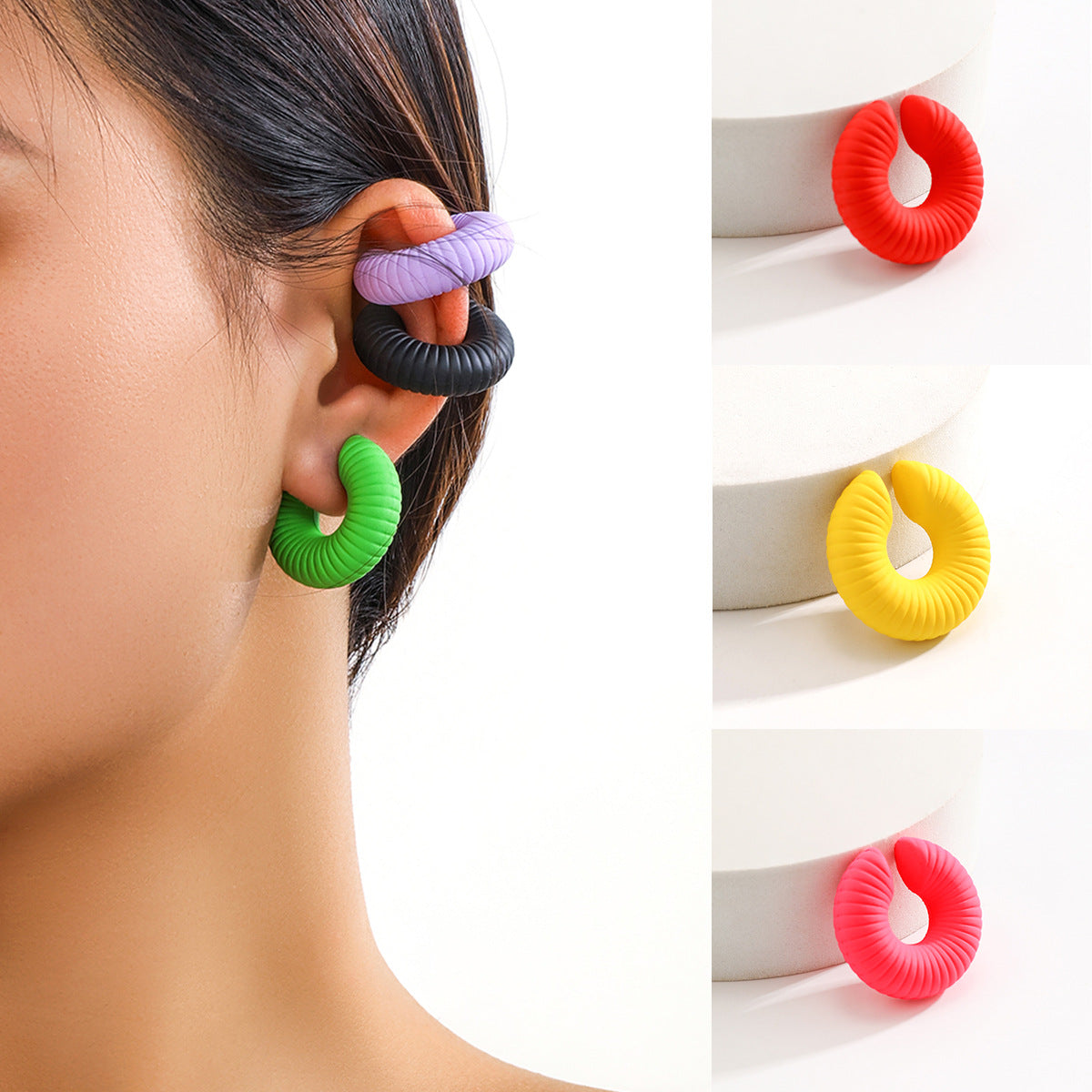 Minimalist Striped Geometric Round Resin Plated Ear Cuff for Women