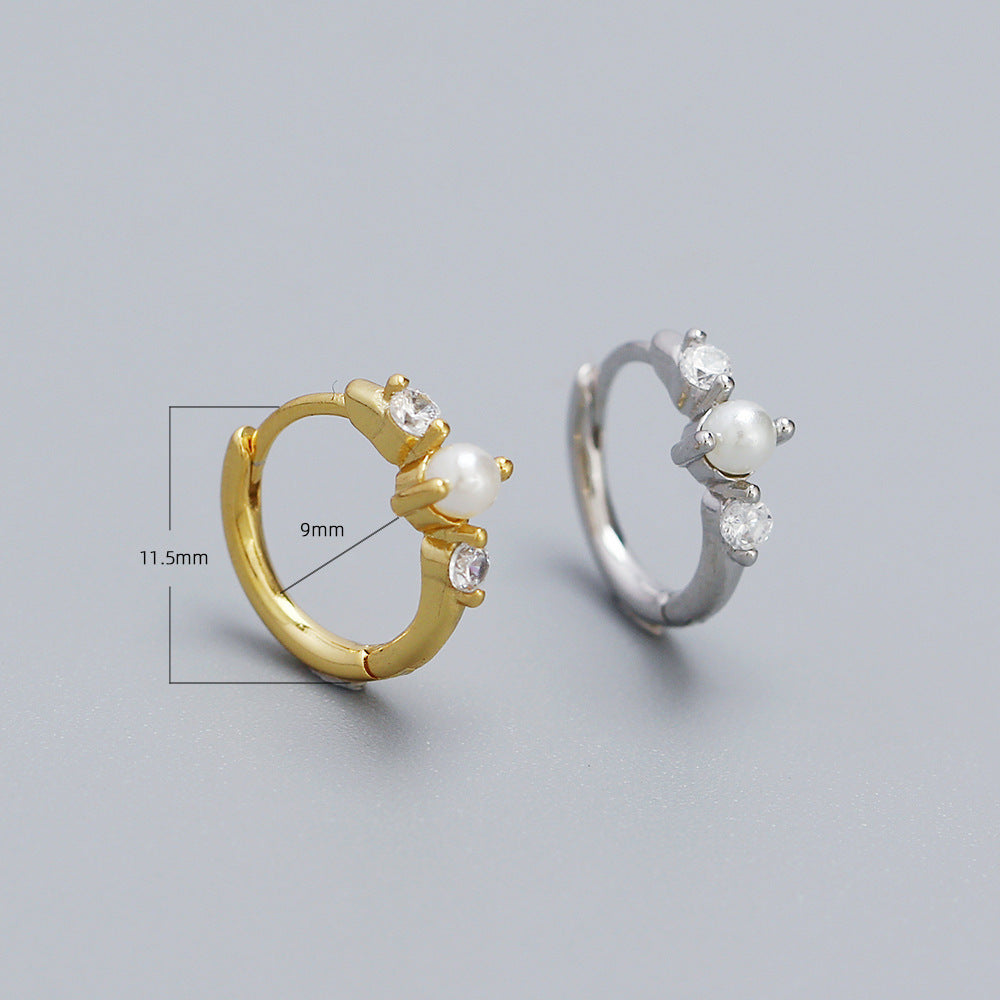 Orecchini a perno eleganti geometrici con perle in argento sterling 925 con accenti di strass per donna