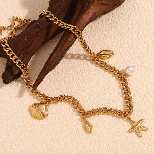 Vintage Fashion Ocean-Themed Pendant Necklace for Women with Stainless Steel Chain and 18K Gold Plated Titanium Steel Pendant Featuring Seashell and Starfish Motifs