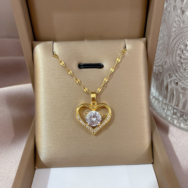 Minimalist Geometric Titanium Steel Necklace with Gold Plated Brass Pendant and Rhinestone Inlay