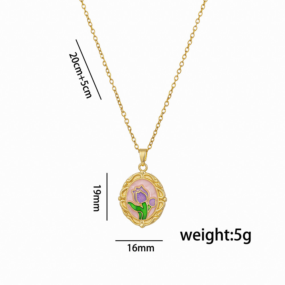Collana con Pendente a Forma di Tulipano in Stile Floreale in Acciaio al Titanio con Ottone Placcato Oro e Catena a O
