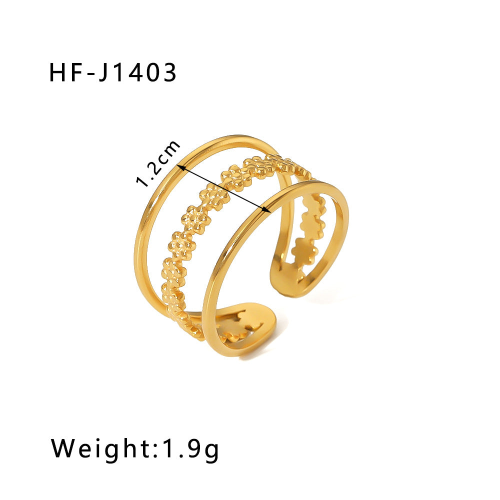Minimalist Instagram Style Geometric Hollow Leaf and Floral Titanium Steel Ring with 18K Gold Plating for Women