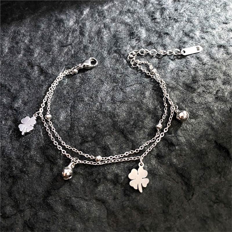 Original Design Geometric Four-Leaf Clover Roman Numeral Double-Layer Bracelet in Titanium Steel with Gold Plating