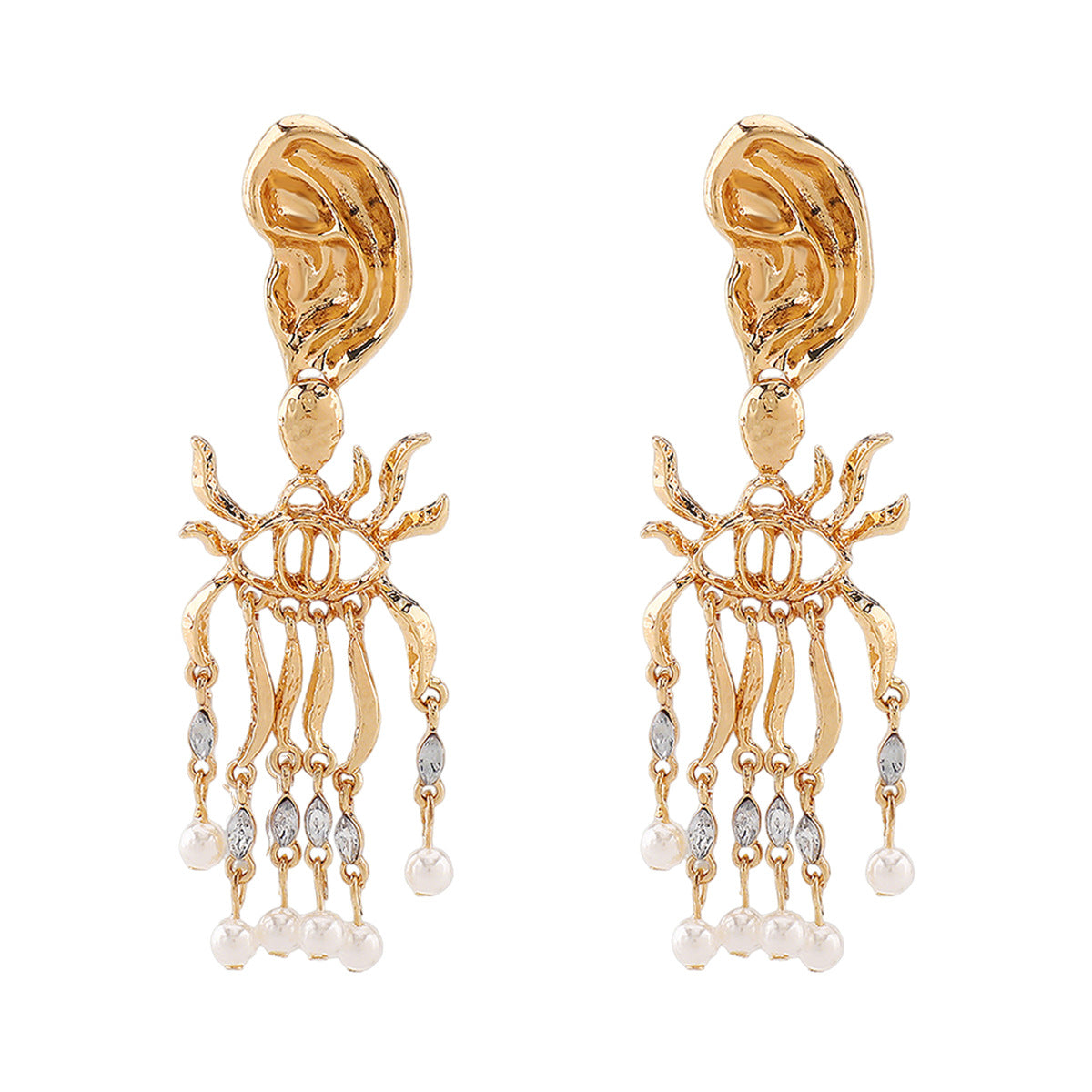 Pendientes asimétricos geométricos estilo vintage con pedrería y perlas de imitación, pendientes largos colgantes de aleación chapada para mujer