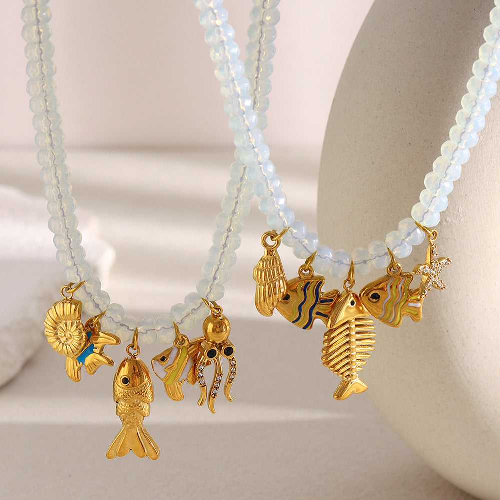 Minimalist Geometric Stainless Steel Plated 18K Gold Opal Ocean Life Pendant Necklace for Women