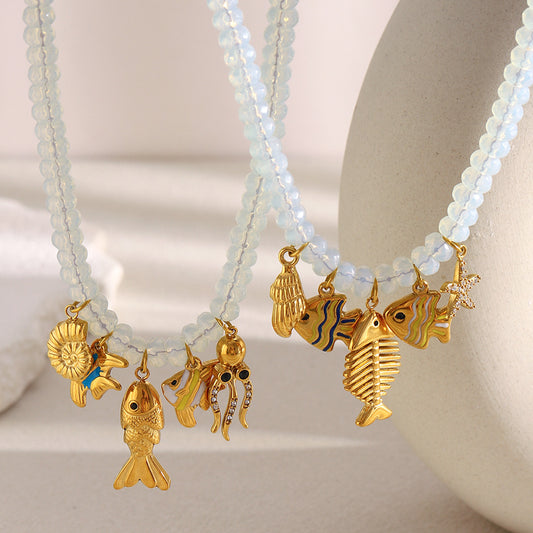 Minimalist Geometric Stainless Steel Plated 18K Gold Opal Ocean Life Pendant Necklace for Women