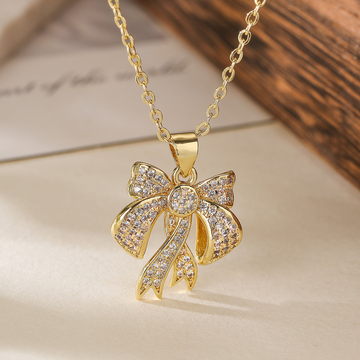 Minimalist Bow-Shaped Copper Necklace with Real Gold Plating for Women