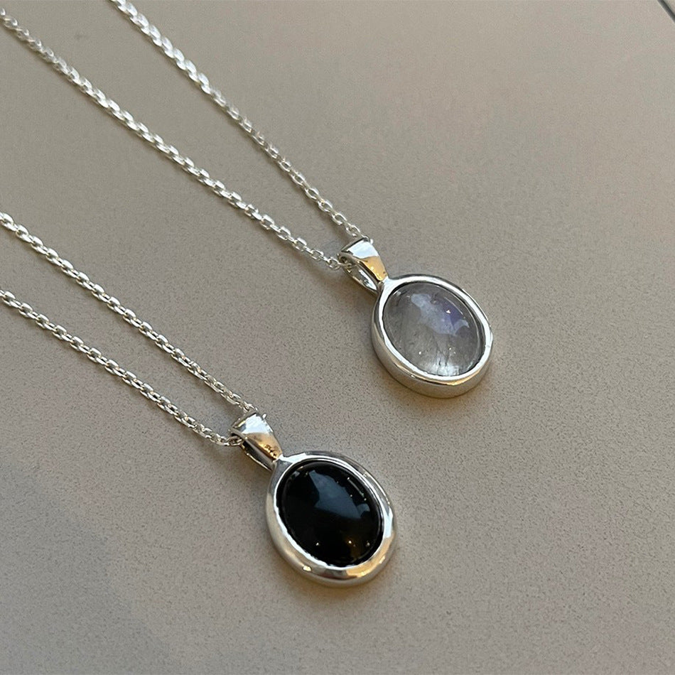 Minimalist Geometric Cat's Eye Stone Pendant Necklace in 925 Sterling Silver with Oval Link Chain