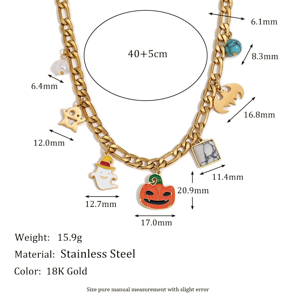 Cartoon Pumpkin Skull Pendant Necklace for Women Stainless Steel with 18K Gold Plating Halloween Themed Fashion Accessory