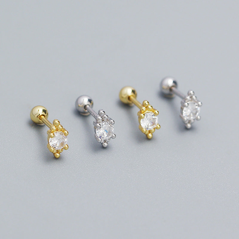 Minimalist 925 Sterling Silver Round Geometric Polka Dot Cubic Zirconia Inlay Stud Earrings