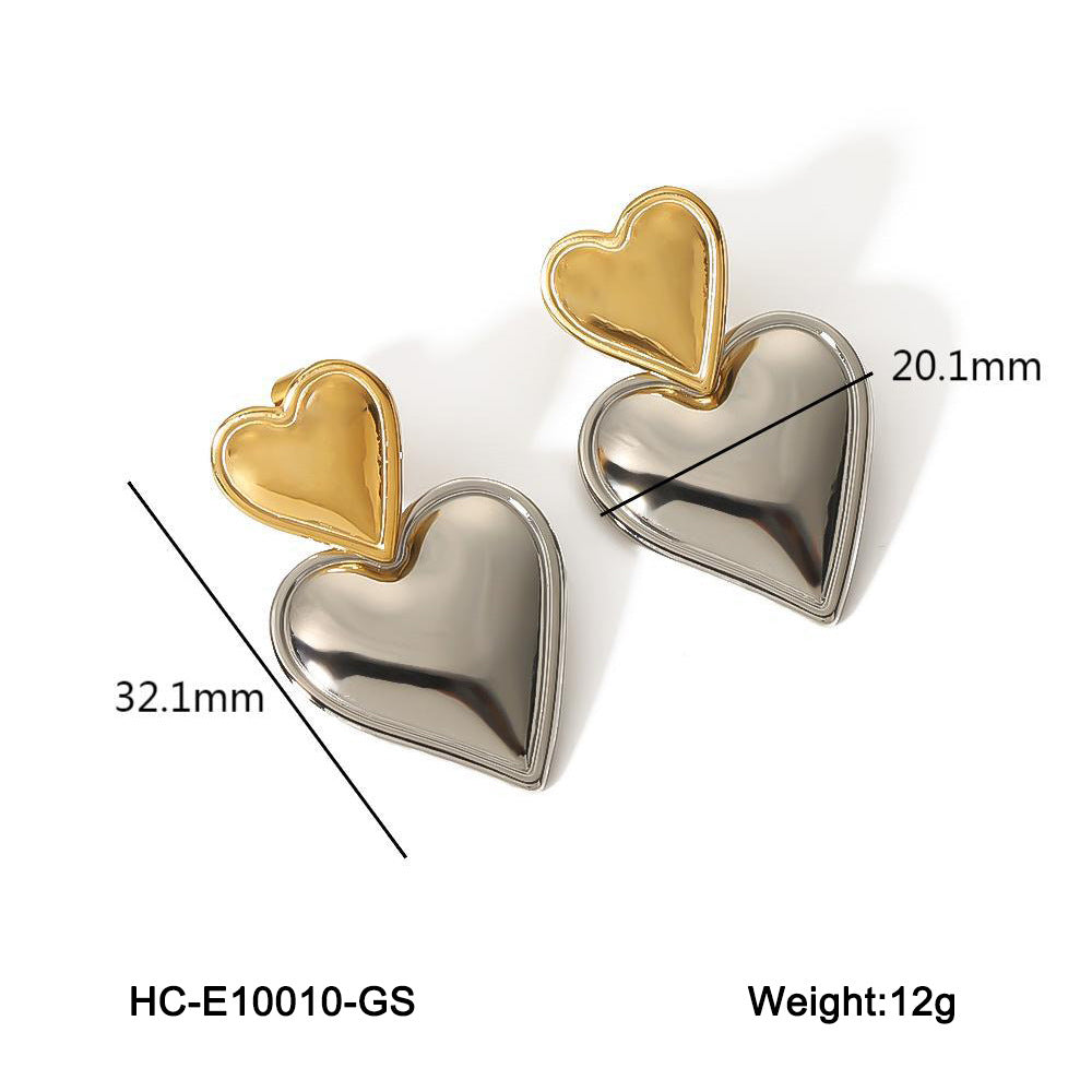 INS Style Heart-Shaped Stainless Steel Earrings with Hammered Texture and 18K Gold Plating for Women