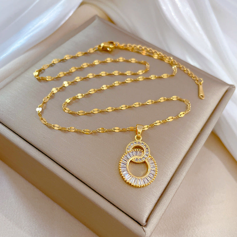 Luxury Titanium Steel Geometric Double Ring Figure-Eight Necklace for Women, Delicate Clavicle Chain with Plated Finish for Wedding and Banquet Events