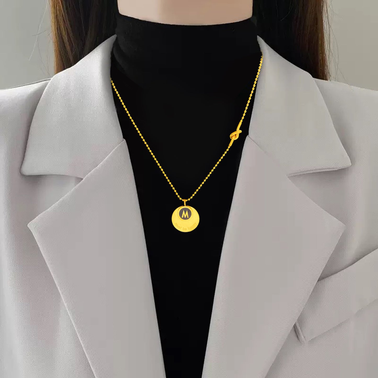 Vintage Letter M Geometric Titanium Steel Plated Necklace with Cubic Zirconia