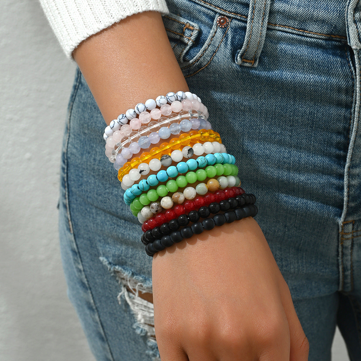 Set di Bracciali Geometrici Minimalisti in Pietra Naturale da Donna con Lavorazione Intrecciata