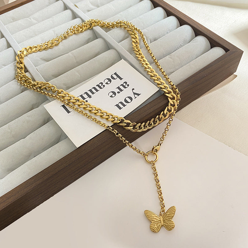 Unique Gold Plated Titanium Steel Butterfly Double Layer Necklace