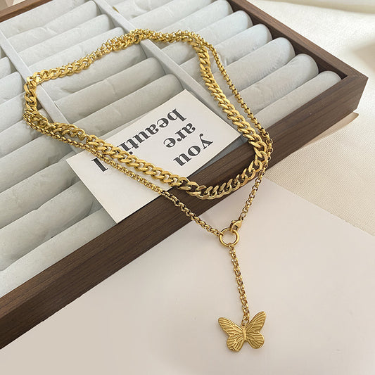 Unique Gold Plated Titanium Steel Butterfly Double Layer Necklace
