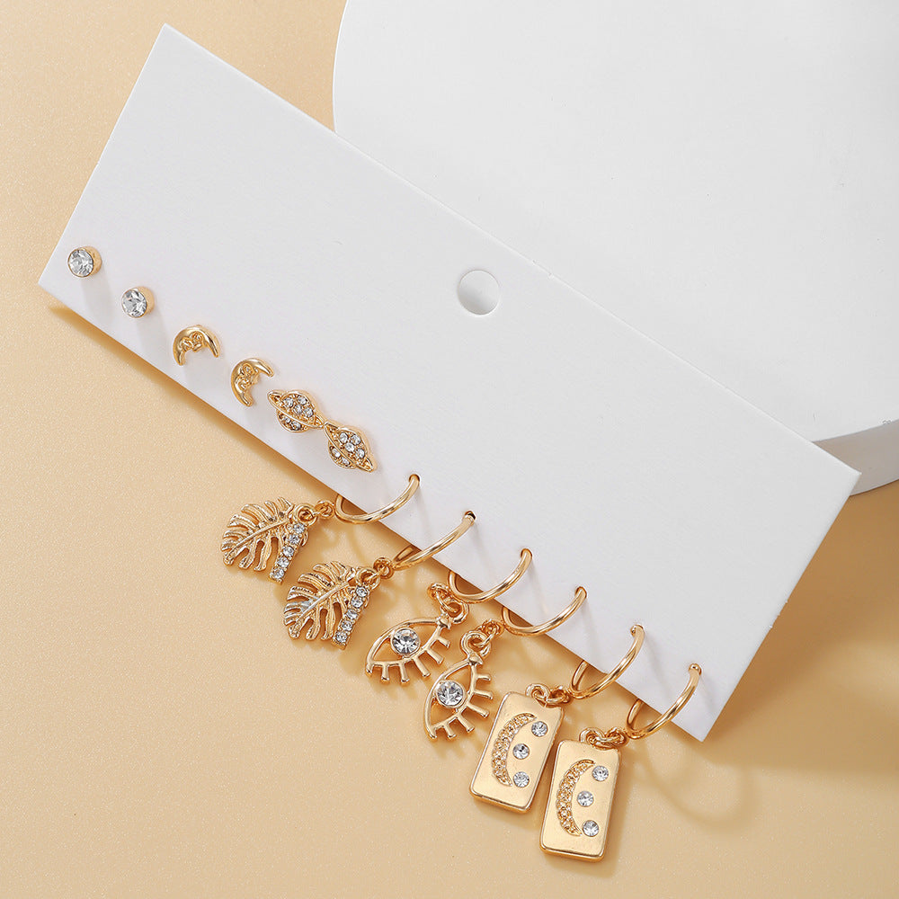 Vintage Rhinestone Inlaid Alloy Moon Geometric Earrings with Smiley Face Design for Women