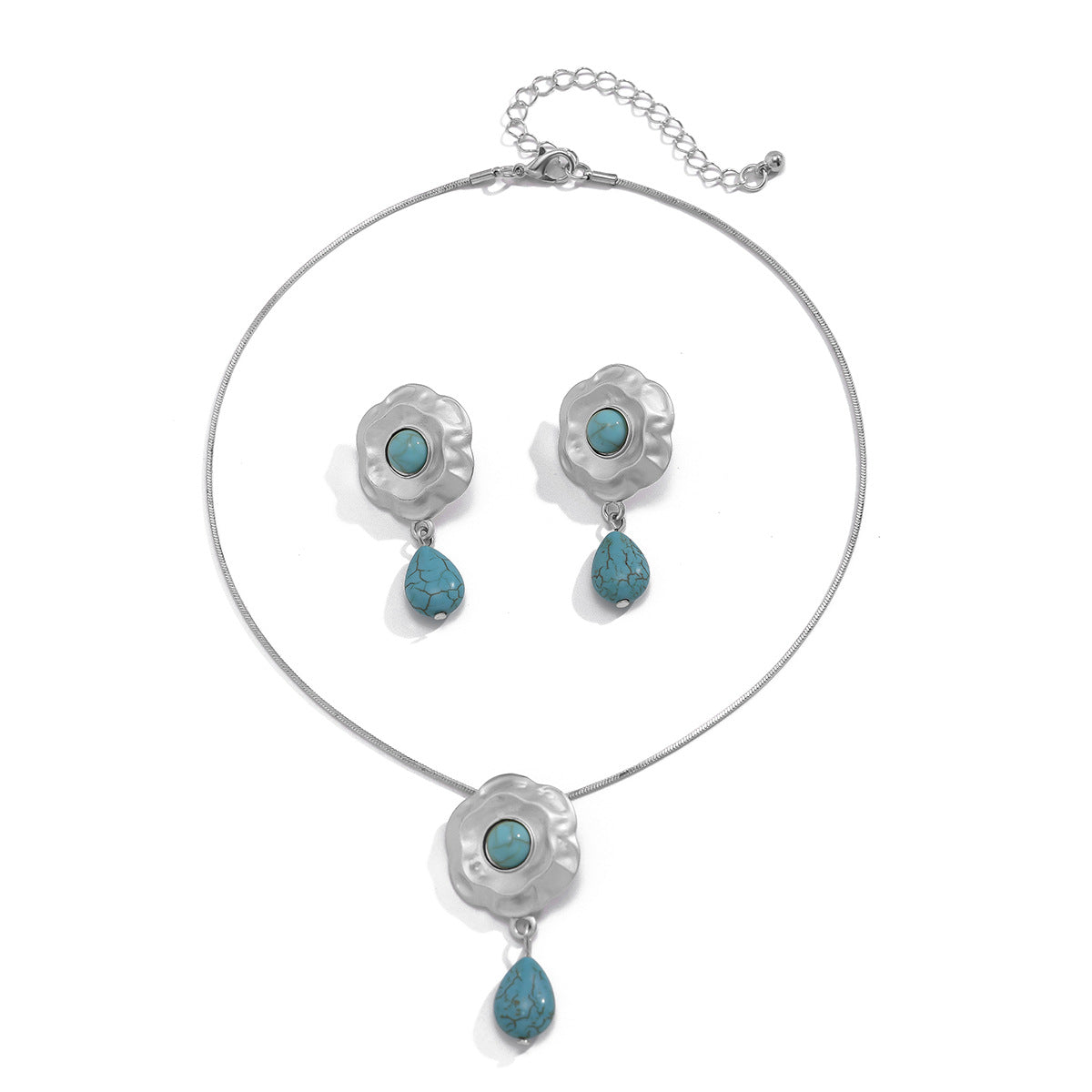 Elegant Gold Plated Geometric Star Pendant Alloy Necklace Set with Faux Turquoise Inlay for Women