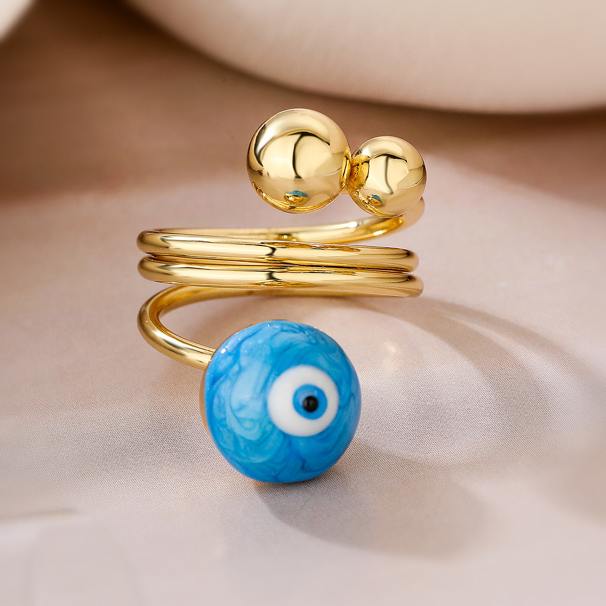 Anello Aperto Geometrico Minimalista da Donna Realizzato in Rame Placcato Oro con Design a Occhio di Allah in Smalto
