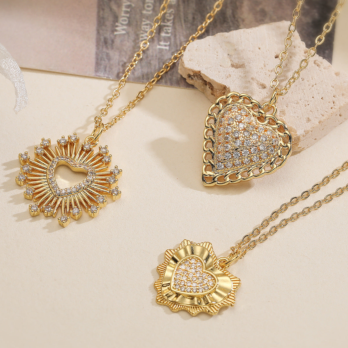 Minimalist 18K Gold Plated Brass Heart Cubic Zirconia Pendant Necklace for Women
