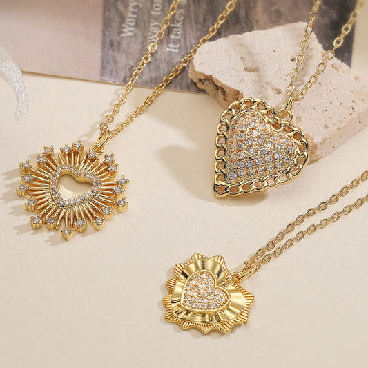 Minimalist 18K Gold Plated Brass Heart Cubic Zirconia Pendant Necklace for Women