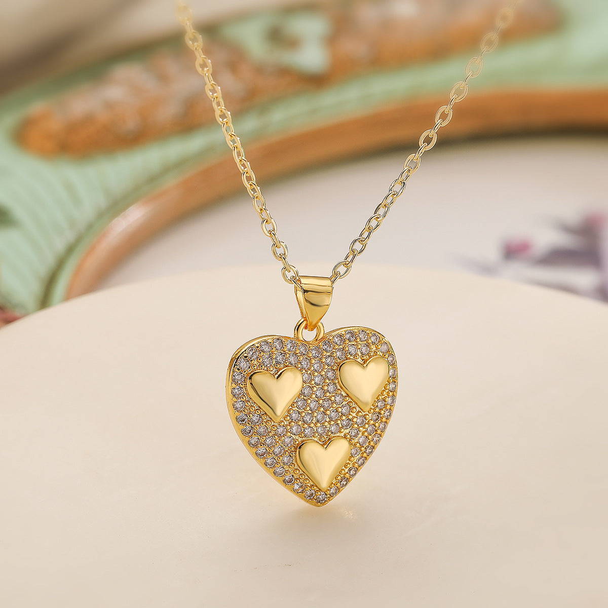 Minimalist Heart-Shaped Copper Pendant Necklace with 18K Gold Plating and Zircon Accents for Women