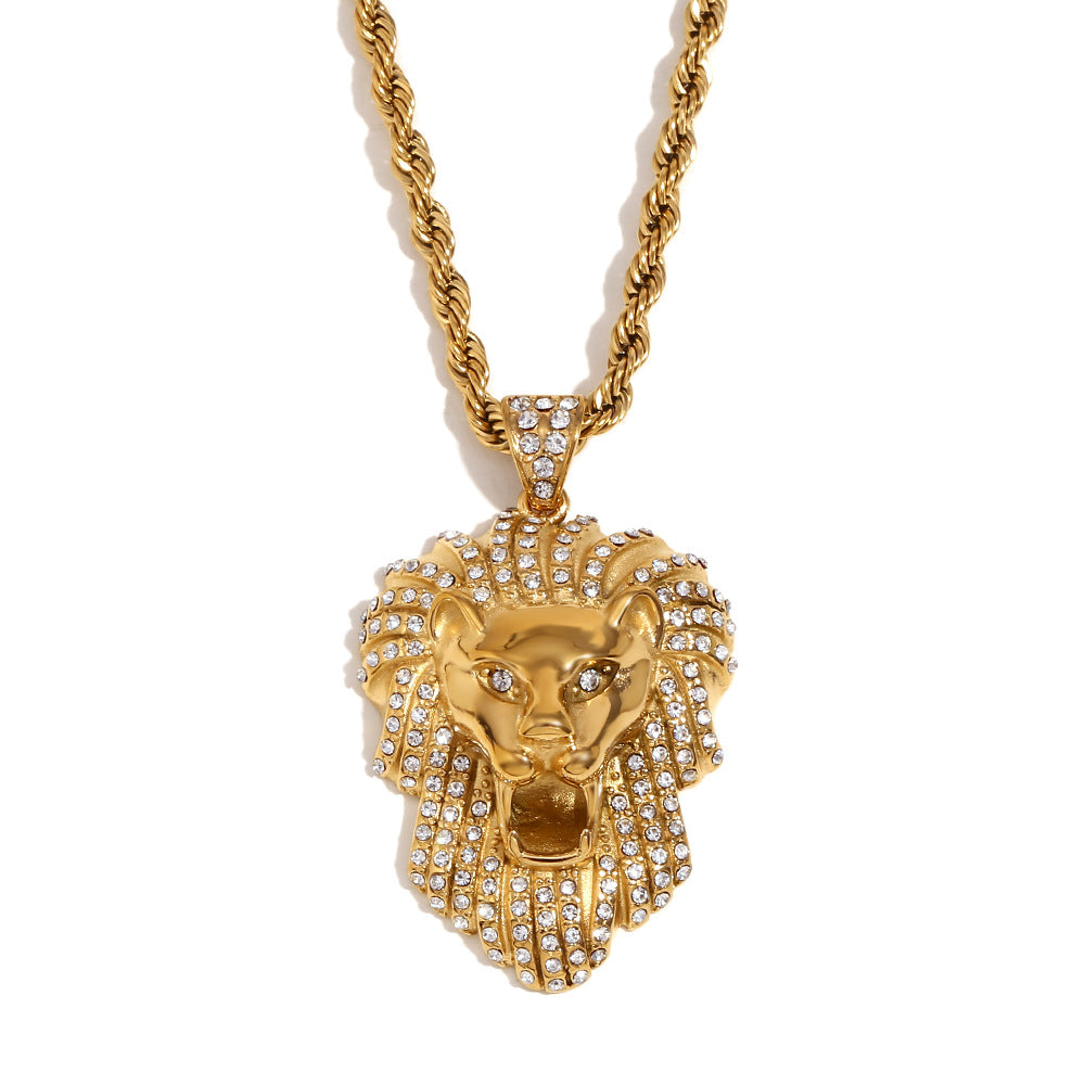 Collana con Pendente a Forma di Leone in Stile Hip Hop da Uomo con Corpo in Acciaio Inossidabile, Pendente in Acciaio al Titanio Elettroplaccato Oro 18K, Catena Intrecciata con Strass Incrostati