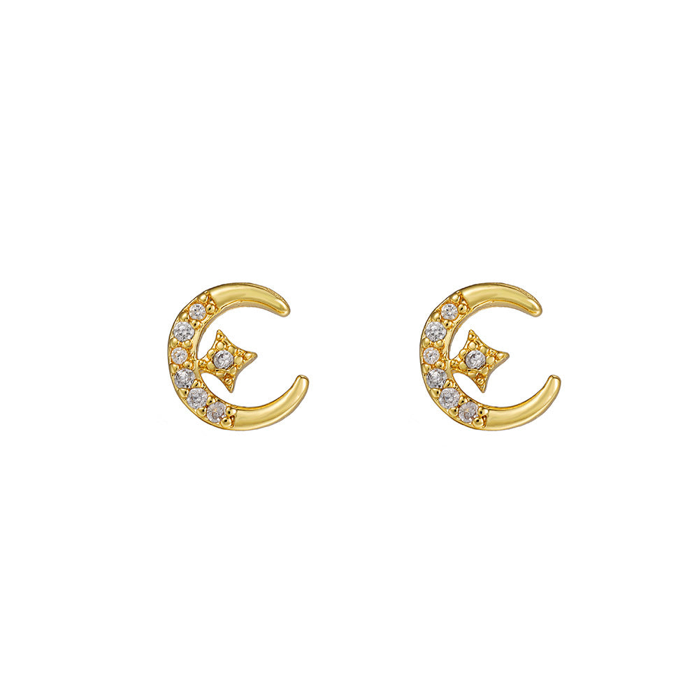 Geometric Triangle Star Moon Brass Cubic Zirconia Plated Stud Earrings for Women